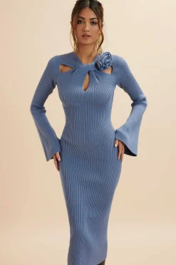 Lavish Alice Dresses<Alia Knitted Ribbed Corsage Midi Dress In Cornflower Blue
