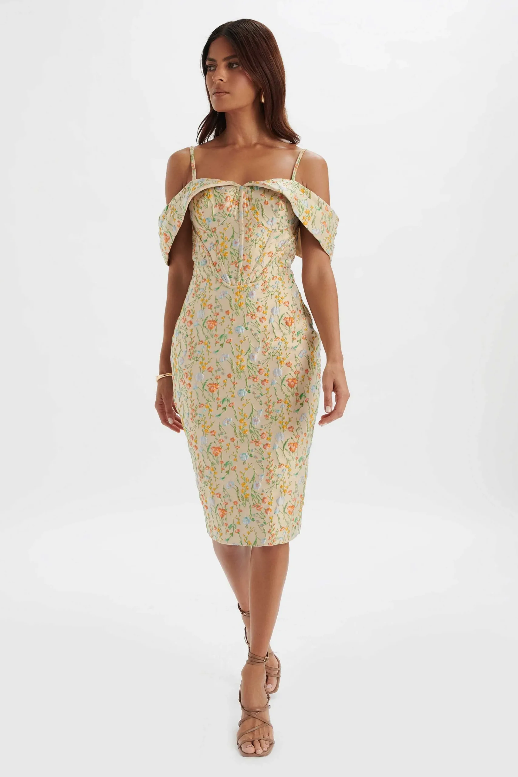 Lavish Alice Dresses<Amia Bardot Sleeve Midi Dress In Floral Jacquard