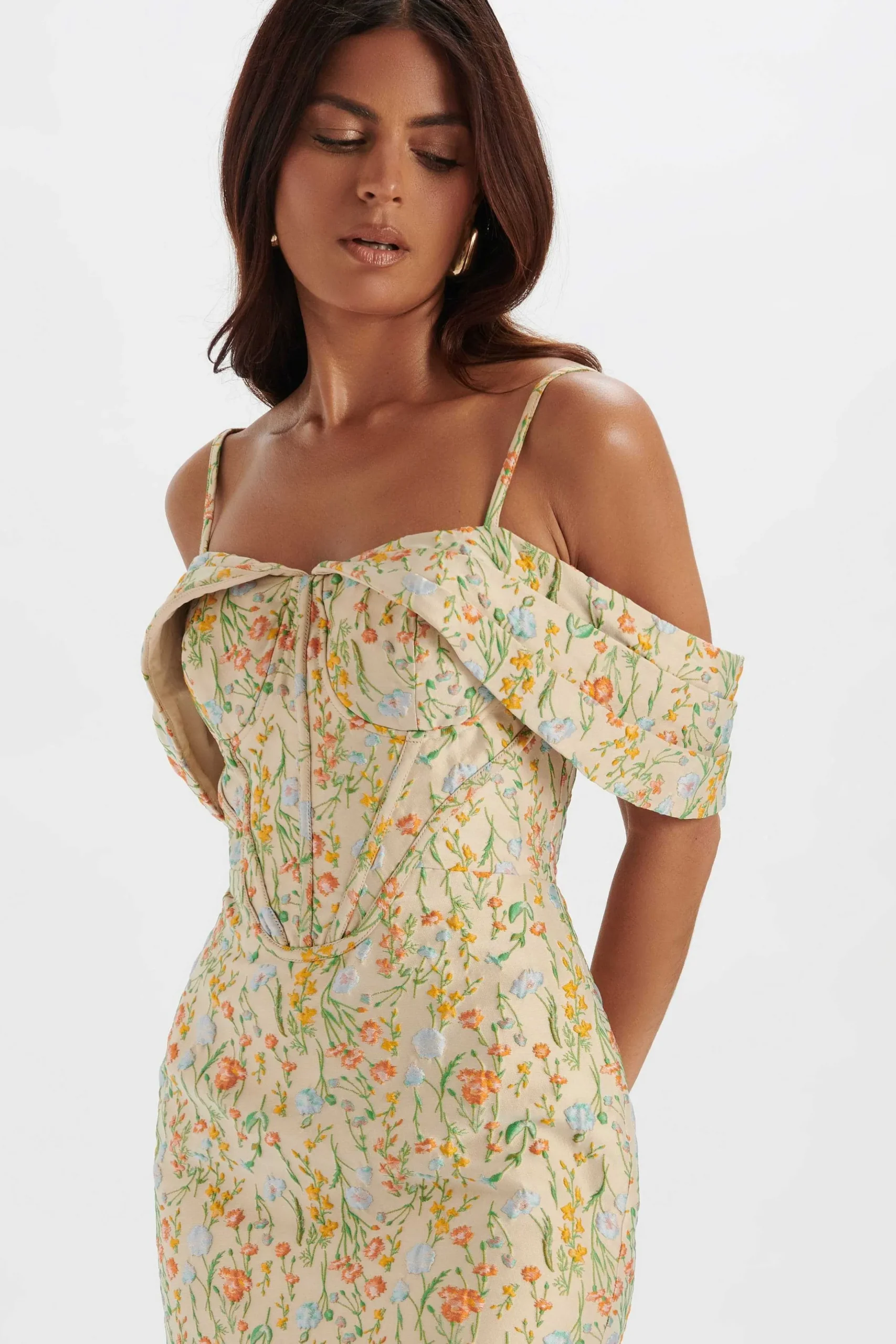 Lavish Alice Dresses<Amia Bardot Sleeve Midi Dress In Floral Jacquard