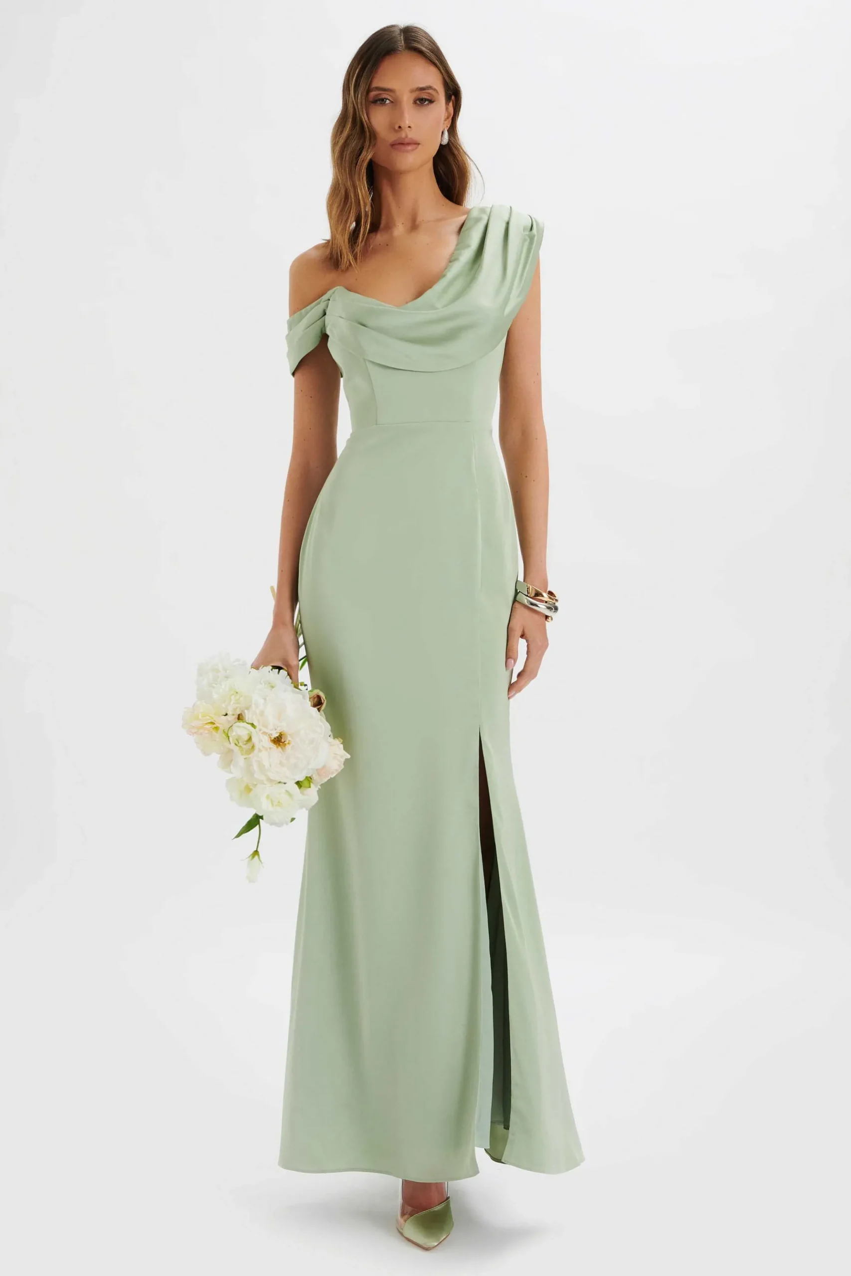 Lavish Alice Dresses<Annabella Satin Asymmetric Drape Maxi Dress In Sage Green