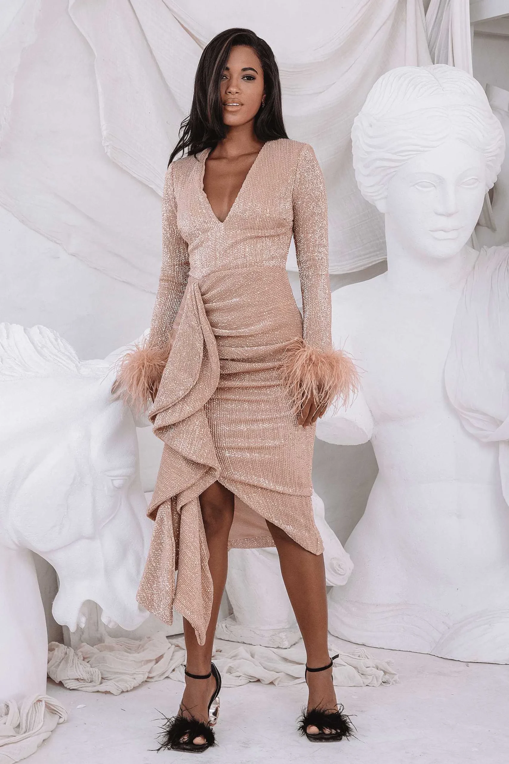 Lavish Alice Dresses<Athena Draped Skirt Pleated Sequin Midi Dress In Gold