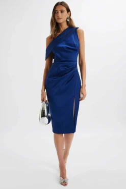 Lavish Alice Dresses<Autumn Pleated Asymmetric Structured Satin Midi Dress In Navy