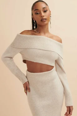 Lavish Alice Knitted Separates<Avani Knitted Wool Bardot Cropped Top In Stone