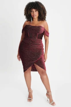 Lavish Alice Dresses<Blake Curve Diamante Velvet Pleated Off Shoulder Midi Dress In Burgundy