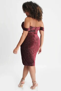 Lavish Alice Dresses<Blake Curve Diamante Velvet Pleated Off Shoulder Midi Dress In Burgundy
