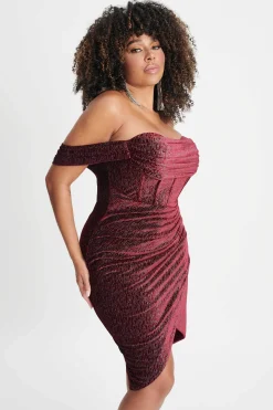 Lavish Alice Dresses<Blake Curve Diamante Velvet Pleated Off Shoulder Midi Dress In Burgundy