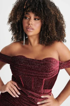Lavish Alice Dresses<Blake Curve Diamante Velvet Pleated Off Shoulder Midi Dress In Burgundy