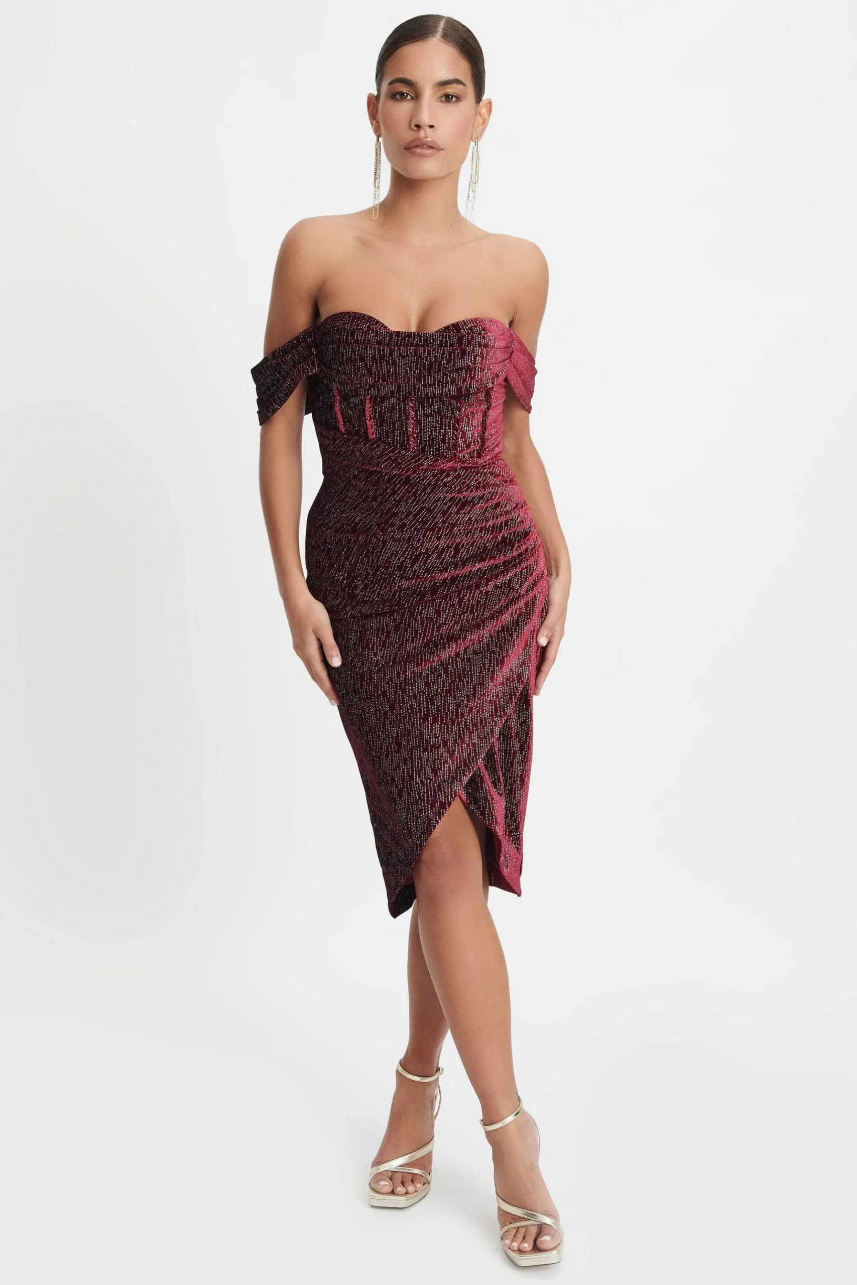 Lavish Alice Dresses<Blake Diamante Velvet Pleated Off Shoulder Midi Dress In Burgundy