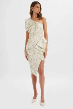 Lavish Alice Dresses<Bloom One Shoulder Bow Detail Satin Midi Dress In Green Porcelain Print