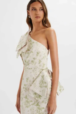 Lavish Alice Dresses<Bloom One Shoulder Bow Detail Satin Midi Dress In Green Porcelain Print
