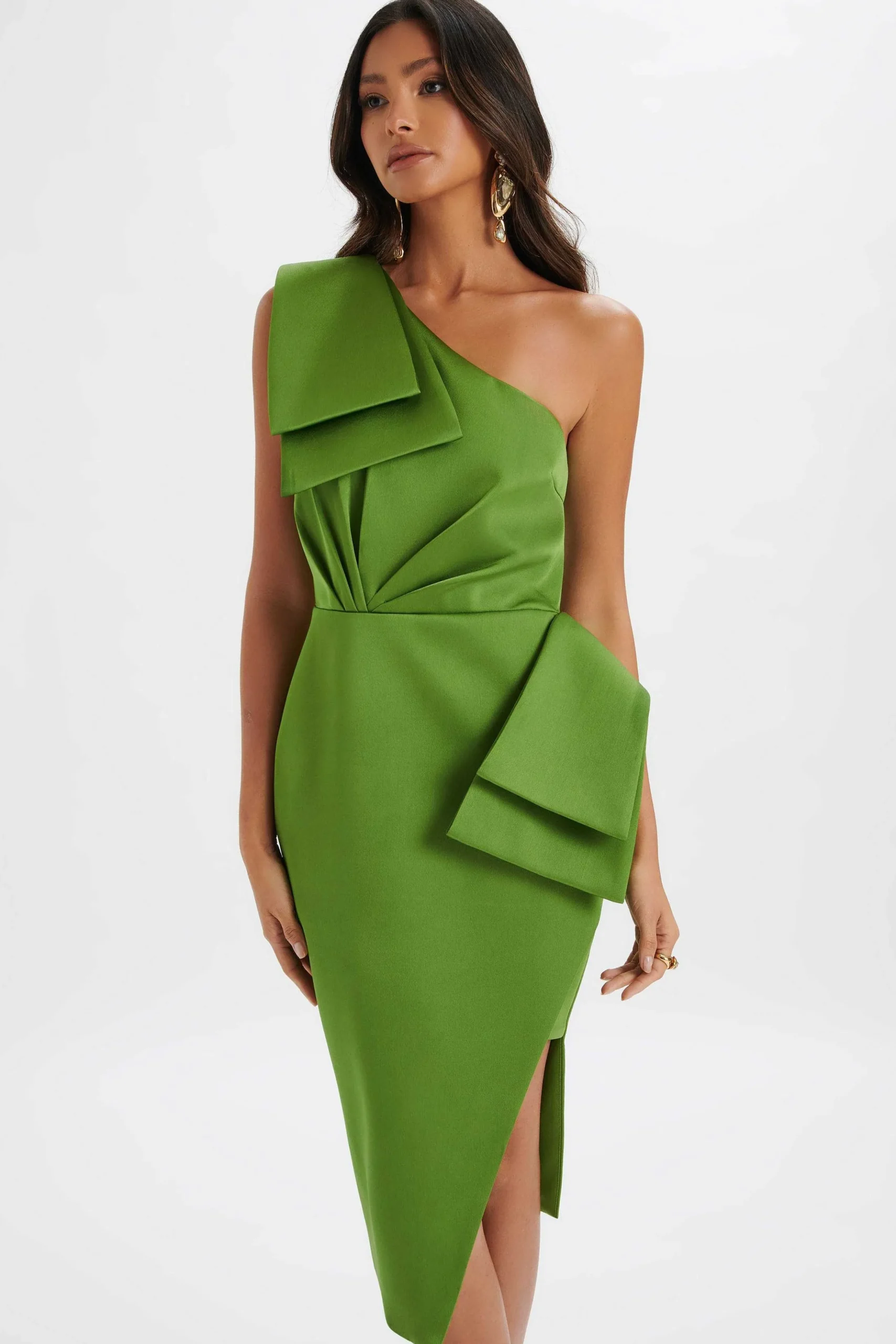 Lavish Alice Dresses<Bloom One Shoulder Bow Detail Satin Midi Dress In Green