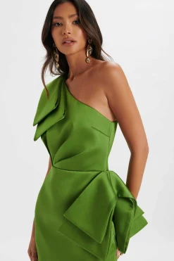 Lavish Alice Dresses<Bloom One Shoulder Bow Detail Satin Midi Dress In Green