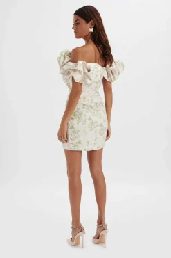 Lavish Alice Dresses<Carrie Bonded Satin Bardot Mini Dress In Green Porcelain Print