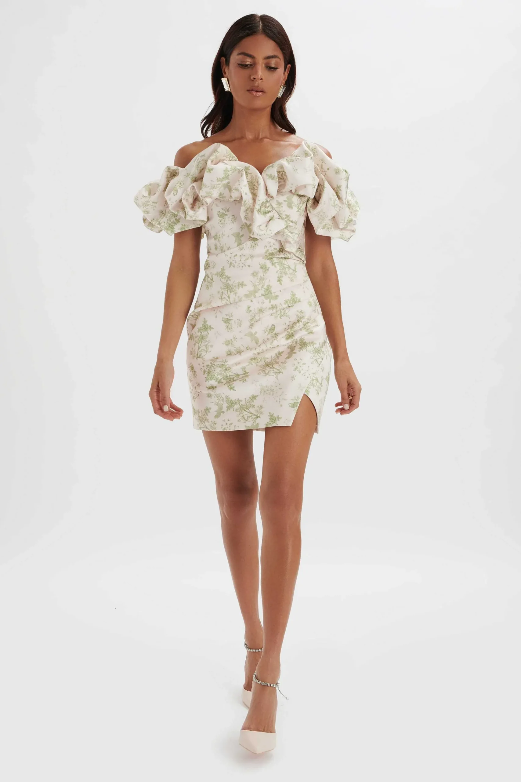 Lavish Alice Dresses<Carrie Bonded Satin Bardot Mini Dress In Green Porcelain Print