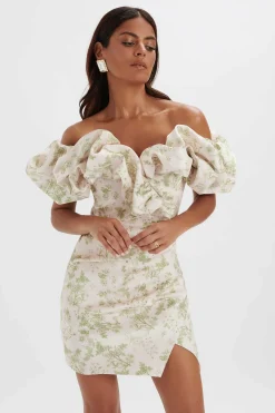 Lavish Alice Dresses<Carrie Bonded Satin Bardot Mini Dress In Green Porcelain Print