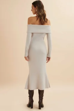 Lavish Alice Dresses<Clover Knitted Wool Bardot Midi Dress In Stone