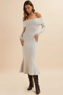 Lavish Alice Dresses<Clover Knitted Wool Bardot Midi Dress In Stone