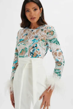 Lavish Alice Jumpsuits & Playsuits<Delia Embellished Feather Cuff Jumpsuit In White