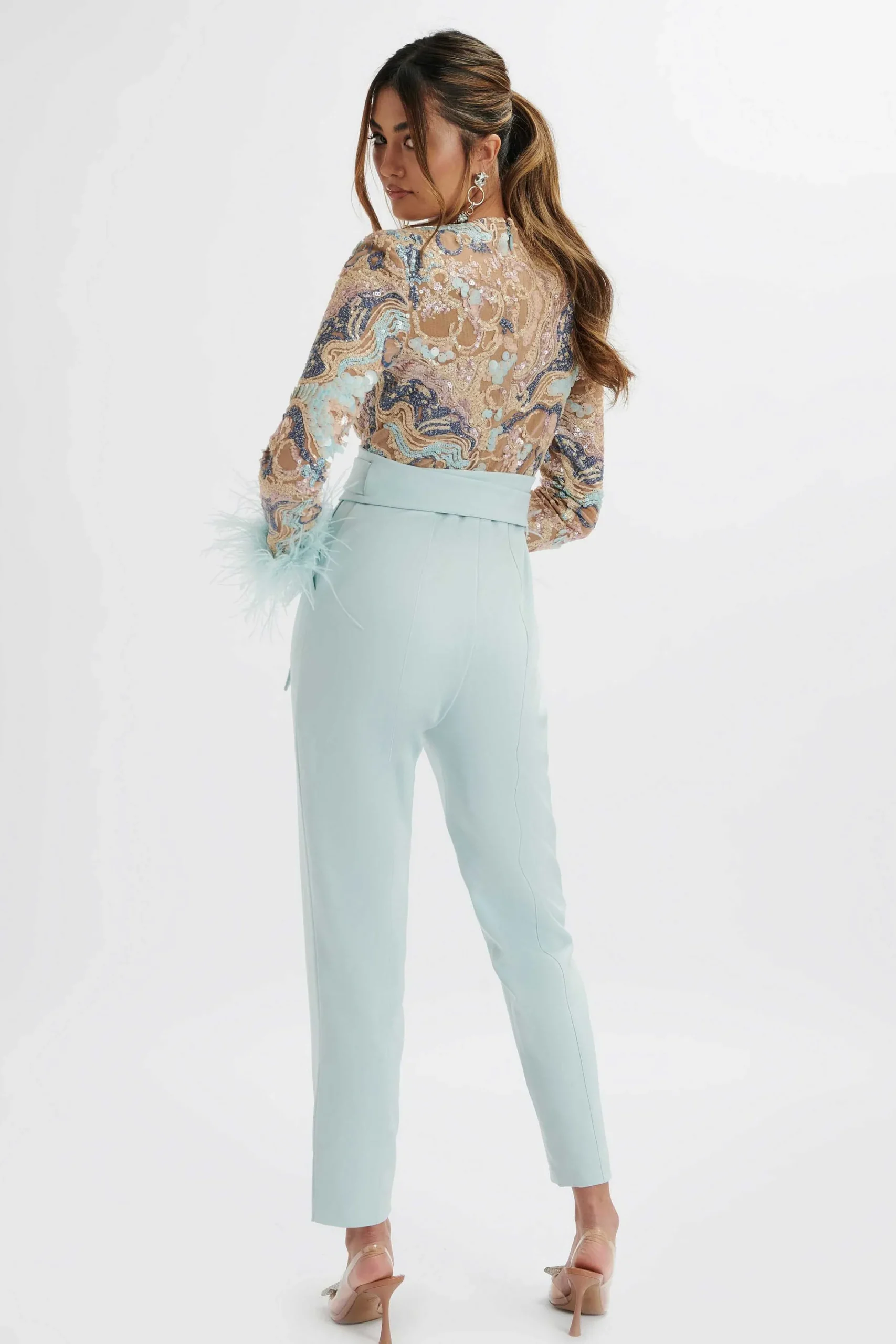 Lavish Alice Jumpsuits & Playsuits<Delia Embellished Feather Cuff Jumpsuit In Blue