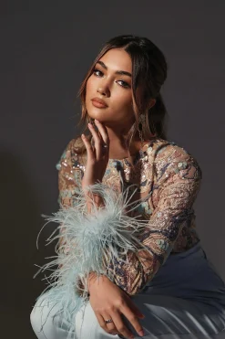 Lavish Alice Jumpsuits & Playsuits<Delia Embellished Feather Cuff Jumpsuit In Blue