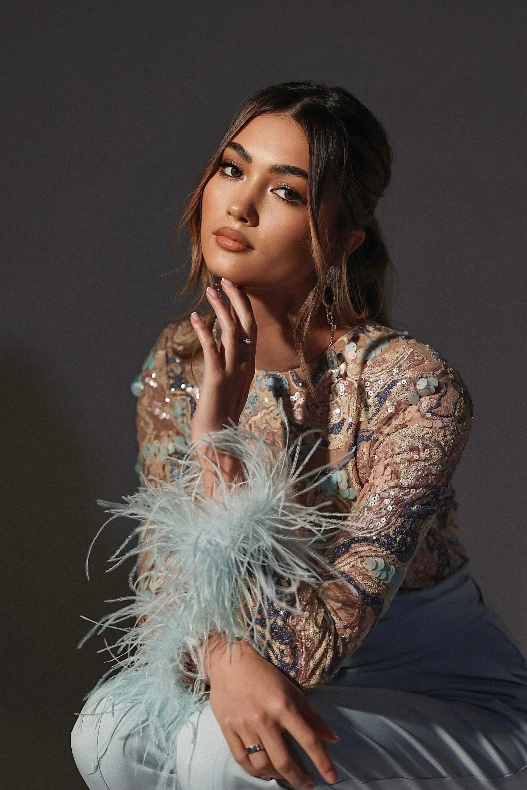 Lavish Alice Jumpsuits & Playsuits<Delia Embellished Feather Cuff Jumpsuit In Blue