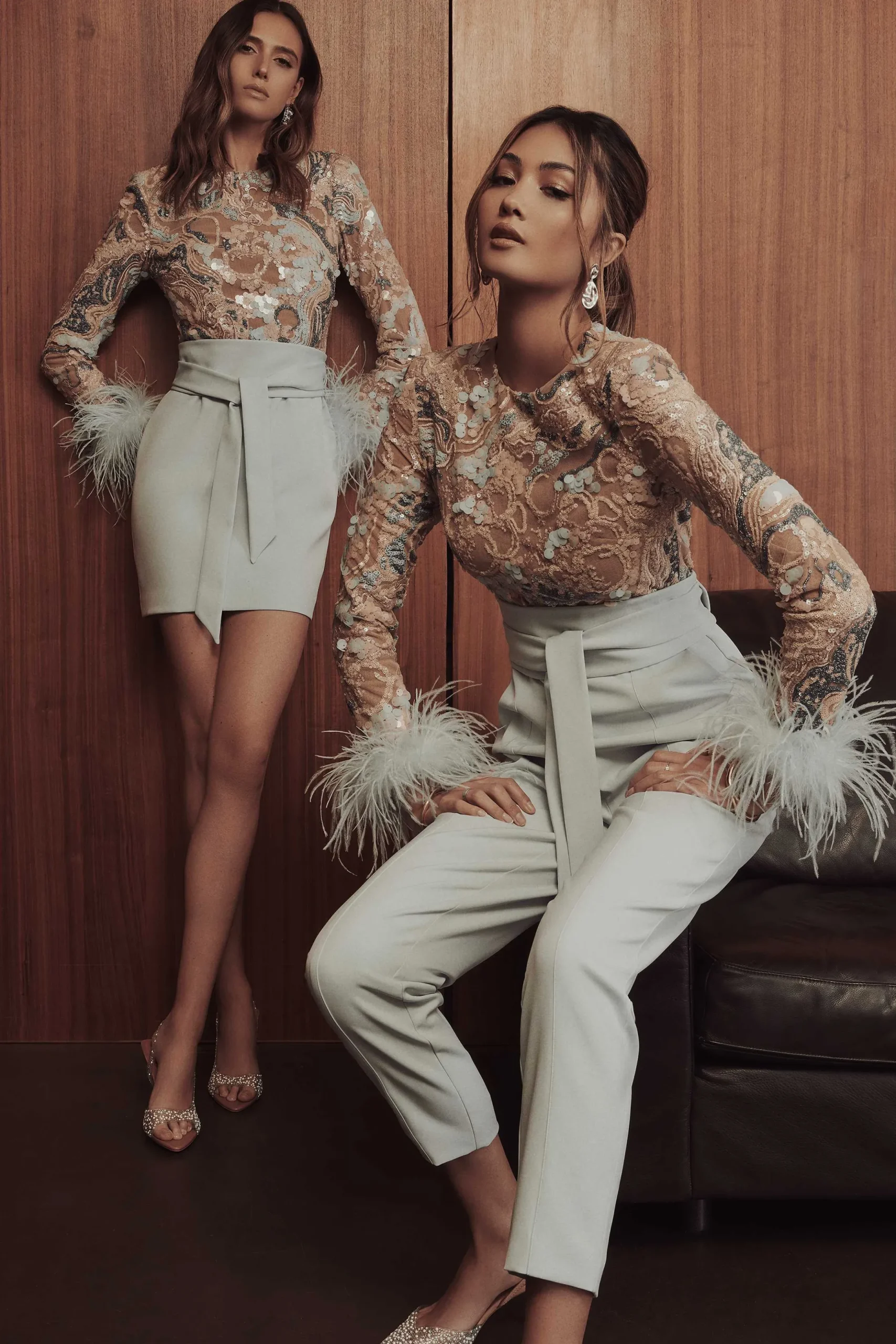 Lavish Alice Jumpsuits & Playsuits<Delia Embellished Feather Cuff Jumpsuit In Blue