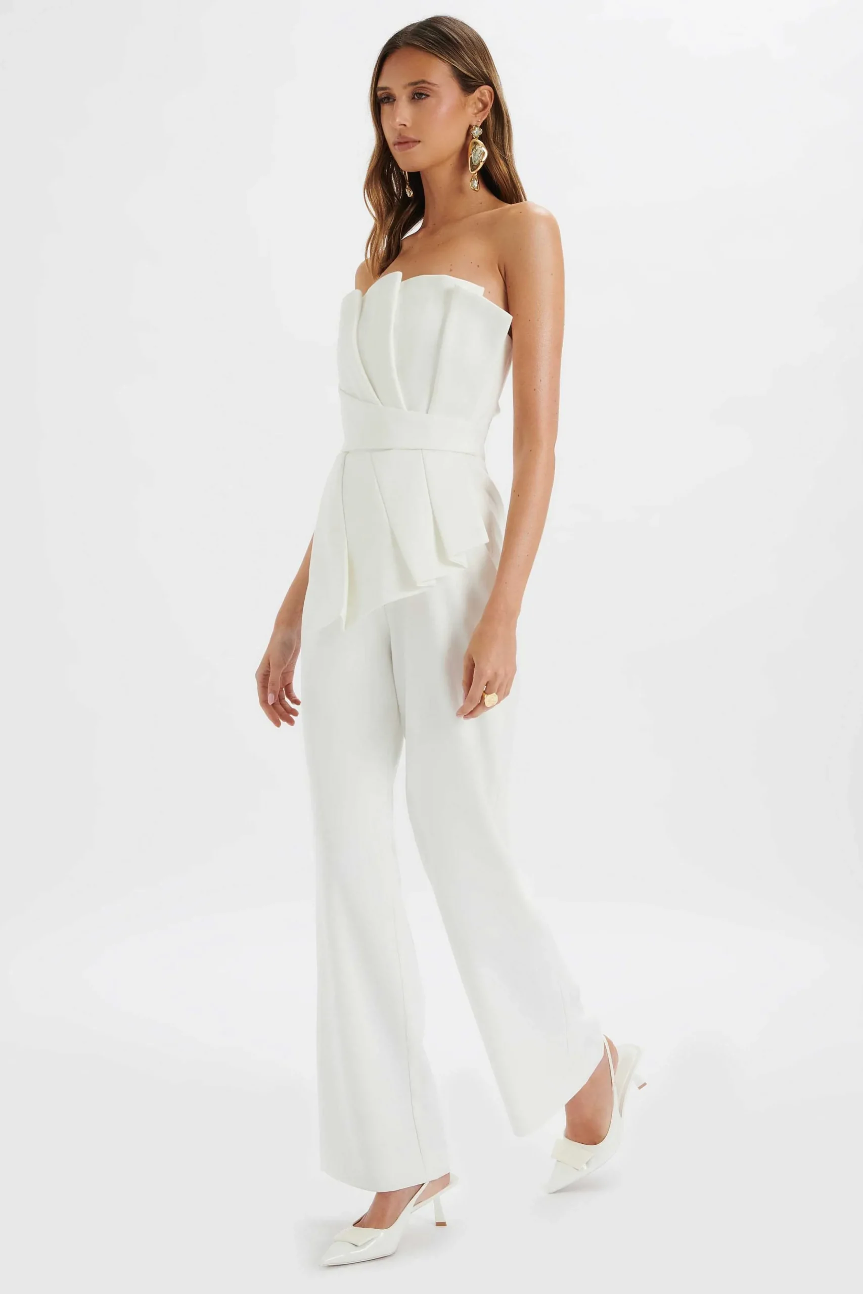 Lavish Alice Jumpsuits & Playsuits<Elara Asymmetric Pleated Frill Straight Leg Jumpsuit In White