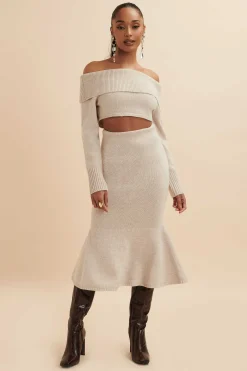 Lavish Alice Knitted Separates<Eleni Knitted Wool Fit & Flare Midi Skirt In Stone