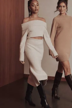 Lavish Alice Knitted Separates<Eleni Knitted Wool Fit & Flare Midi Skirt In Stone