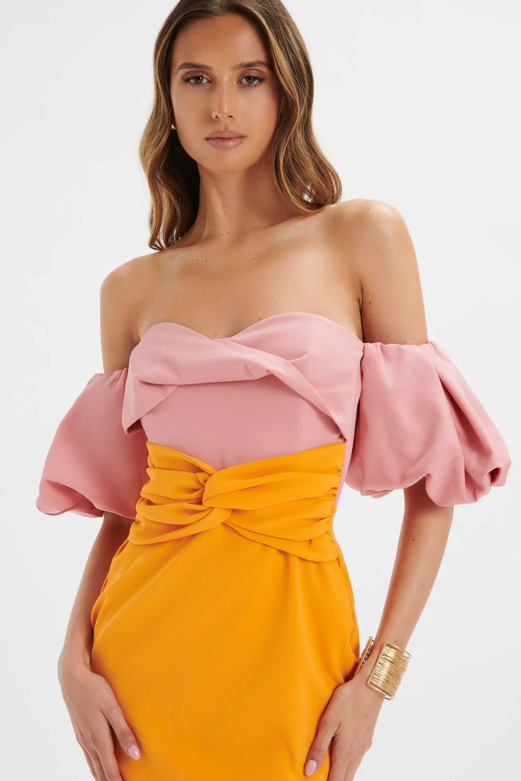 Lavish Alice Wedding Guest<Eliza Colour Block Twisted Midi Dress In Pink & Papaya