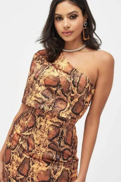 Lavish Alice Dresses<Emilia Satin One Shoulder Cape Mini Dress In Golden Yellow Snake Print