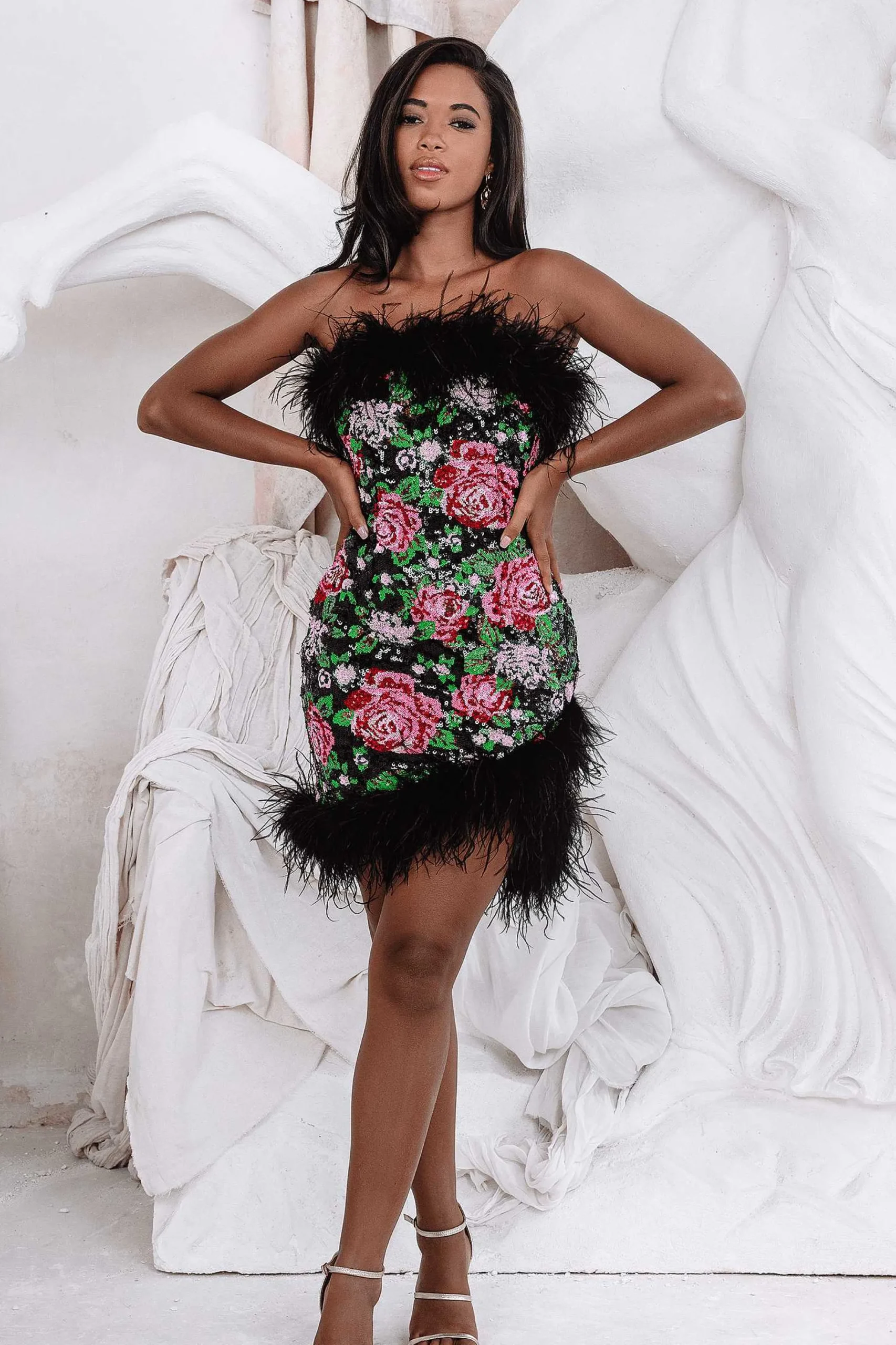 Lavish Alice Dresses<Francesca Feather Bandeau Mini Dress In Bespoke Rose Sequin
