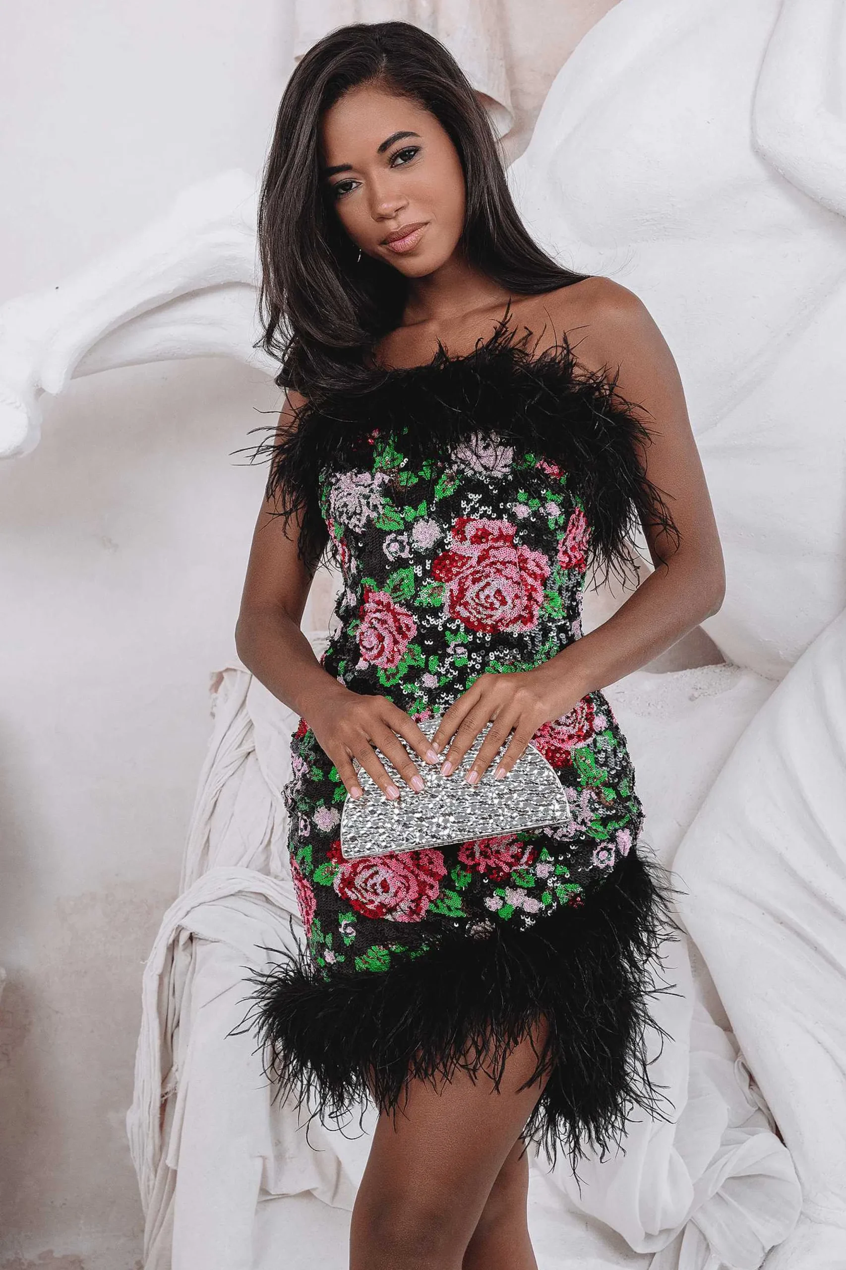 Lavish Alice Dresses<Francesca Feather Bandeau Mini Dress In Bespoke Rose Sequin