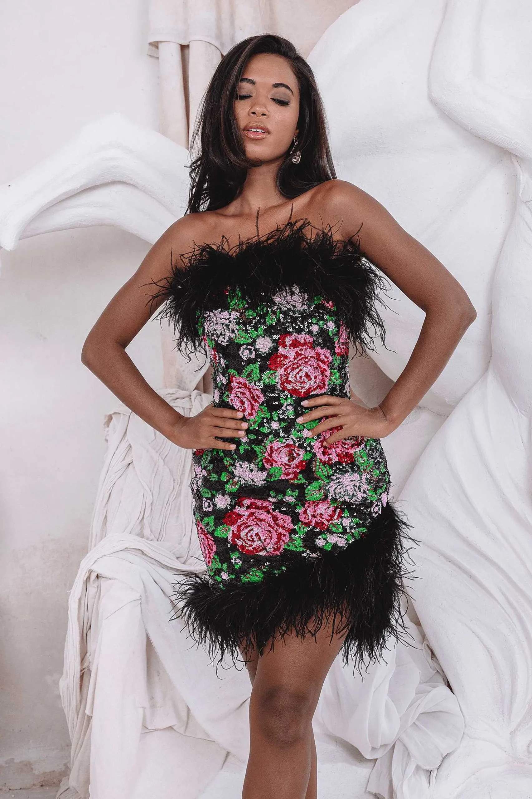 Lavish Alice Dresses<Francesca Feather Bandeau Mini Dress In Bespoke Rose Sequin