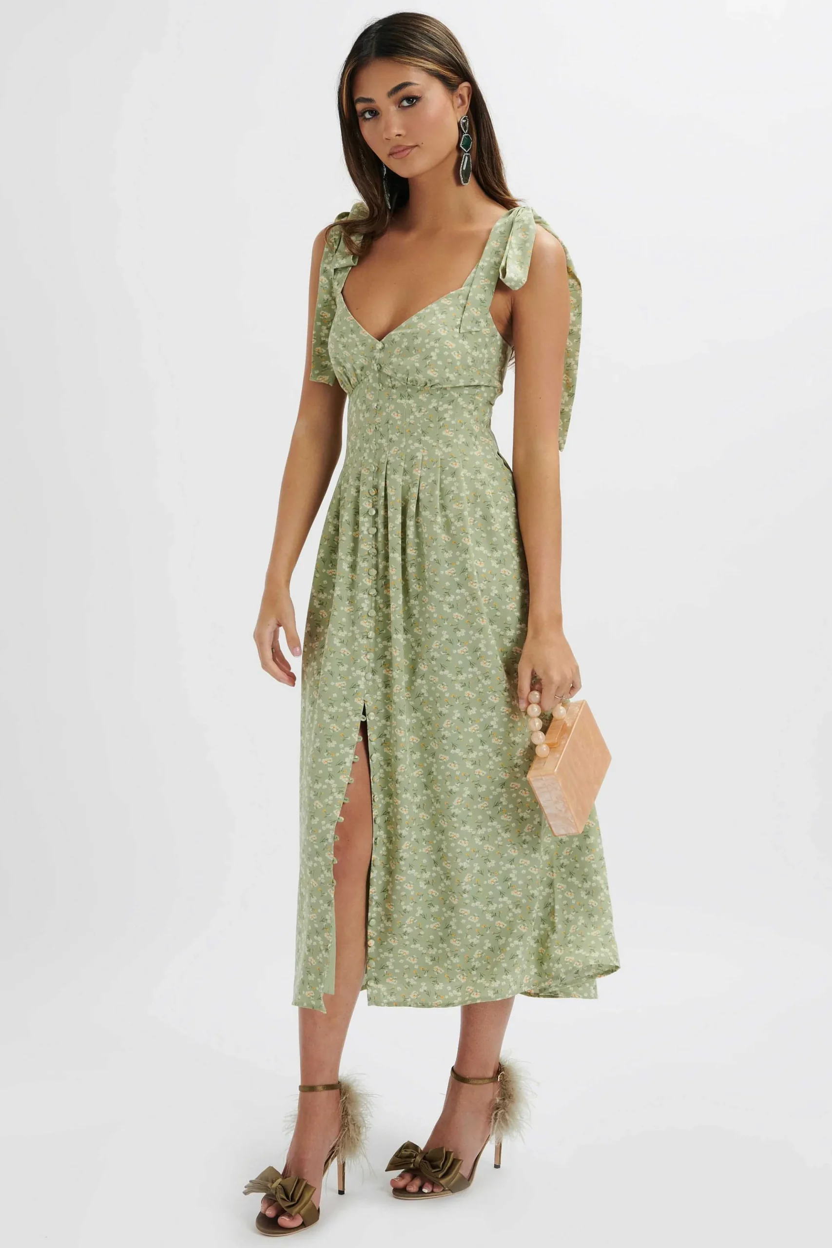 Lavish Alice Dresses<Halle Micro Button Midi Sundress In Ditsy Floral Sage Green