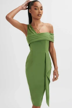 Lavish Alice Dresses<Hannah Pleated Asymmetric Off Shoulder Midi Dress In Green