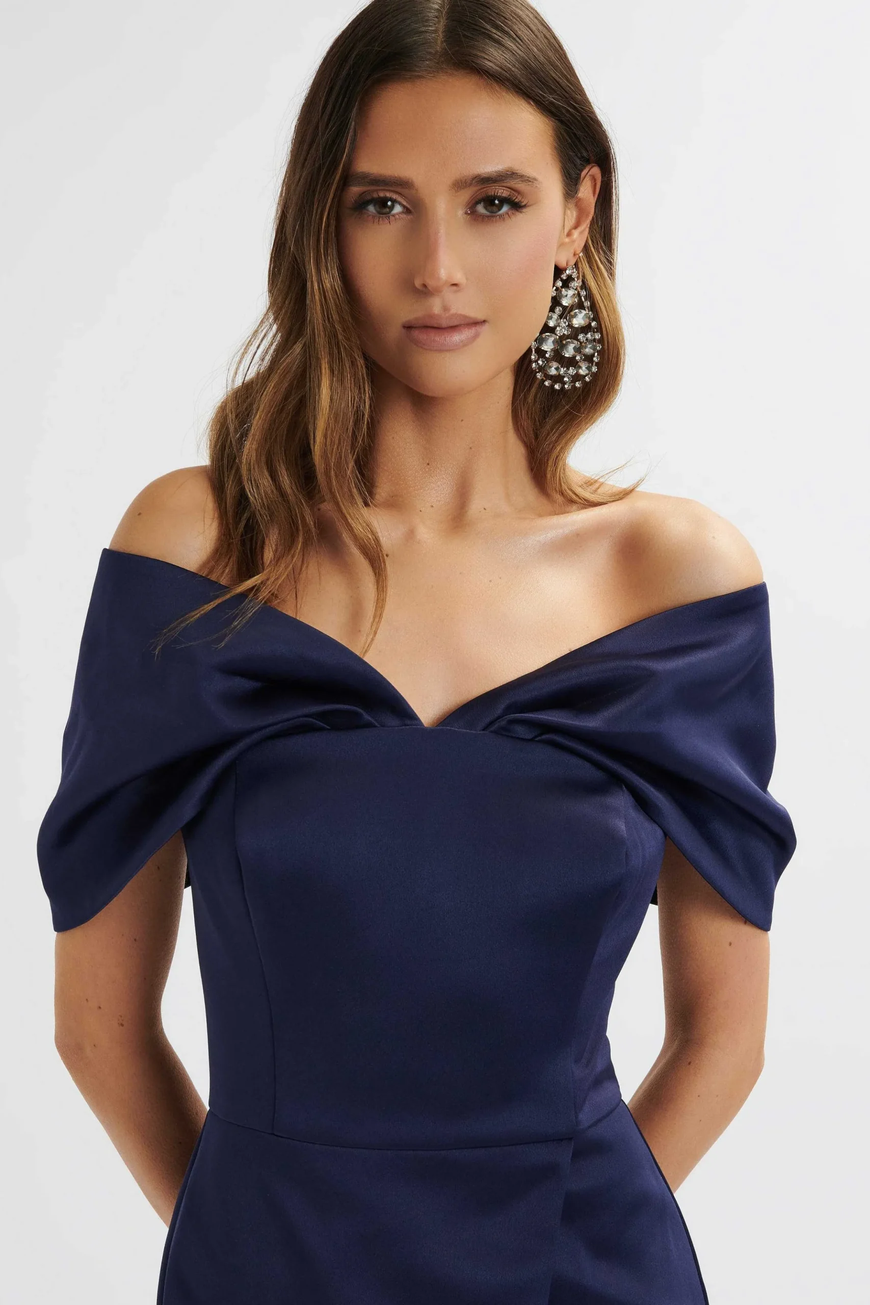 Lavish Alice Dresses<Harleen Draped Bardot Bonded Satin Midi Dress In Navy