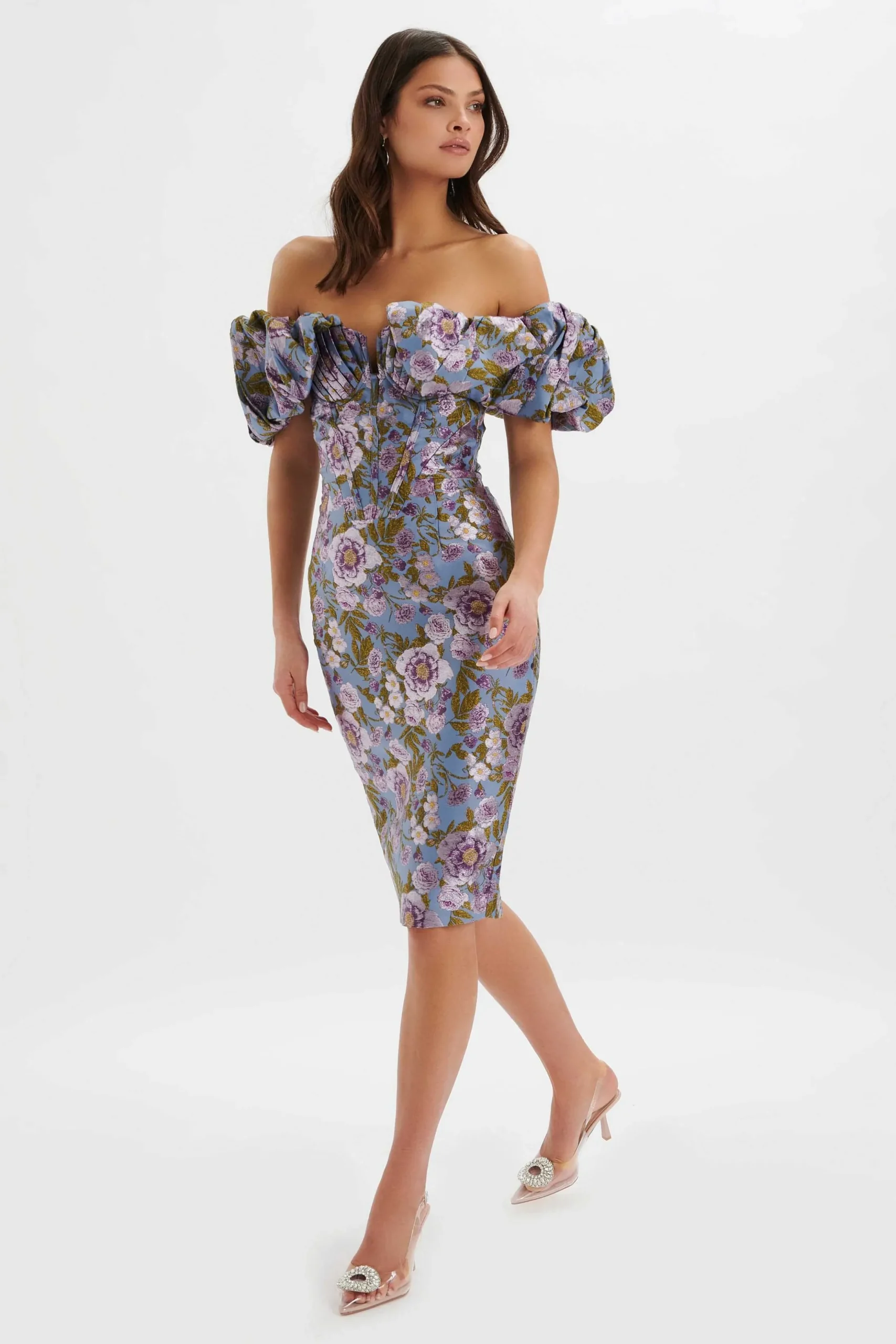 Lavish Alice Wedding Guest<Harlow Jacquard Corset Puff Sleeve Midi Dress In Blue Purple