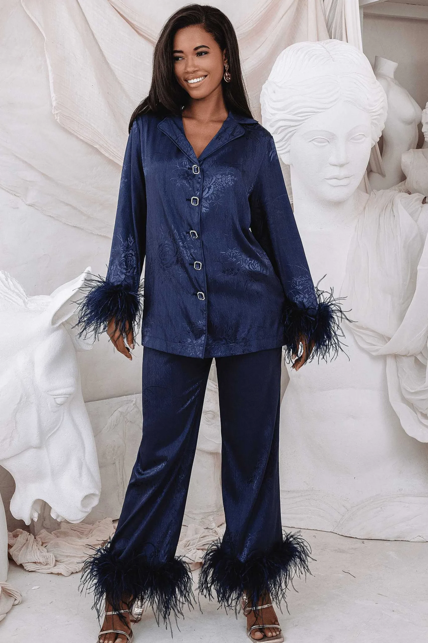 Lavish Alice Luxury Pyjamas<Helen Feather Trim Satin Jacquard Pyjama In Navy