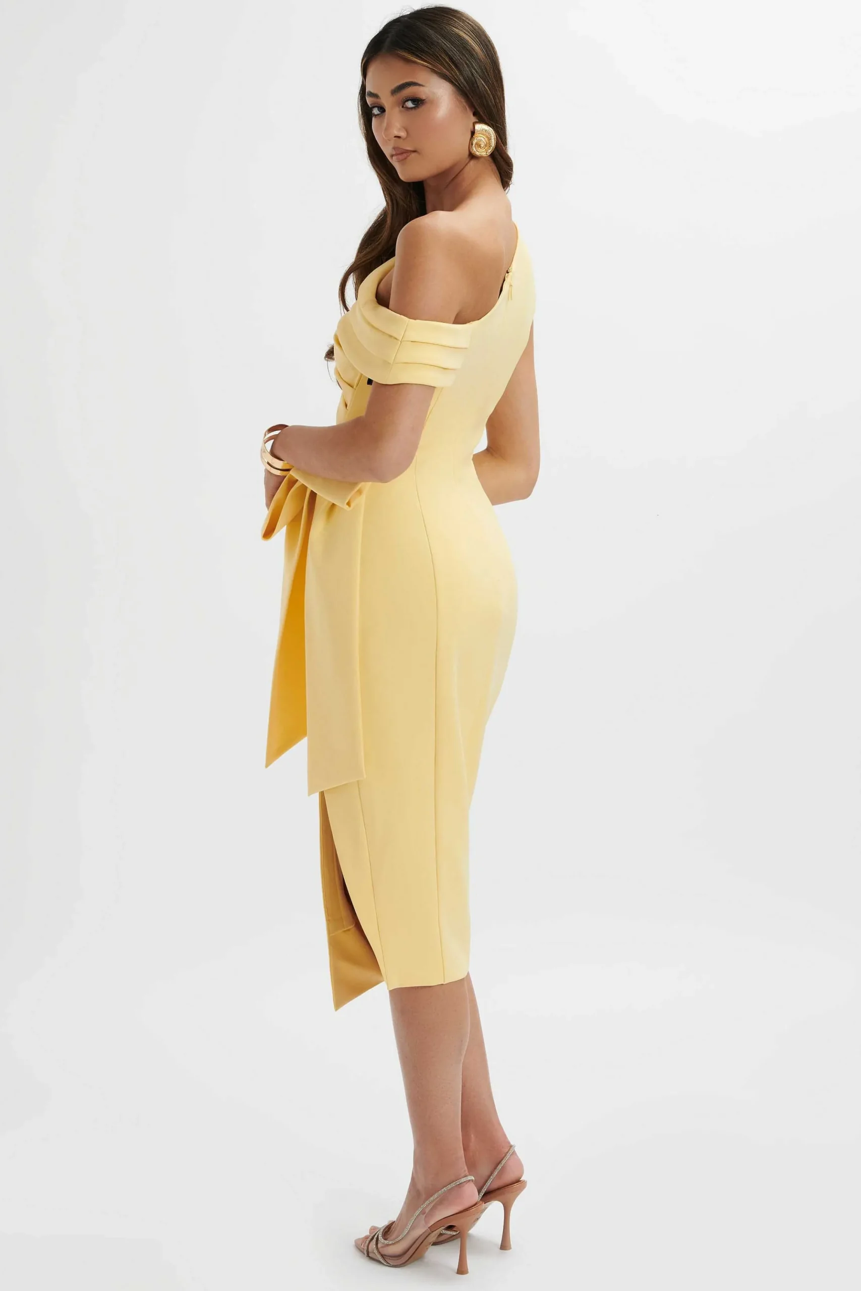 Lavish Alice Dresses<Honey Asymmetric Pleated Bow Midi Dress In Pastel Yellow