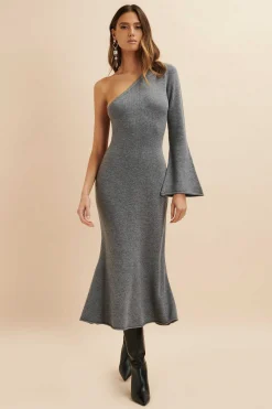 Lavish Alice Dresses<Huda Knitted Asymmetric Fit & Flare Midi Dress In Grey
