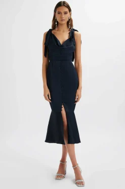 Lavish Alice Dresses<Indie Satin Cowl Neck Micro Button Longline Midi Dress In Navy