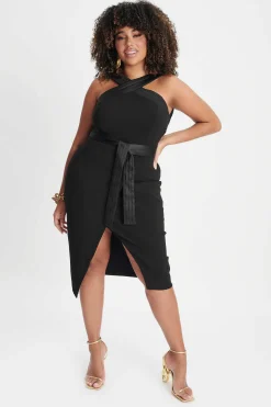 Lavish Alice Dresses<Isla Curve Satin Mix Cross Over Midi Dress In Black