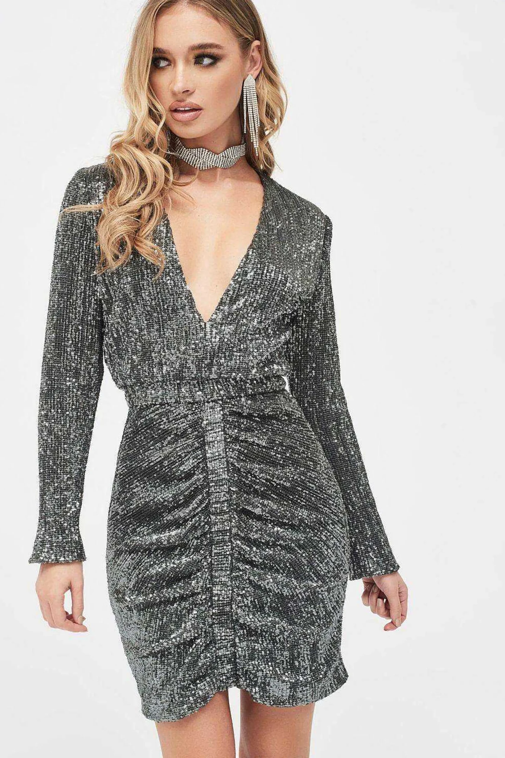 Lavish Alice Dresses<Jade Ruched Sequin Mini Dress In Grey Sequin