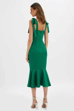 Lavish Alice Dresses<Kamila Tie Strap Micro Button Satin Midi Dress In Emerald Green