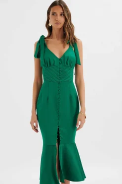 Lavish Alice Dresses<Kamila Tie Strap Micro Button Satin Midi Dress In Emerald Green