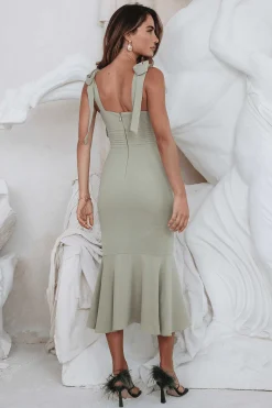 Lavish Alice Dresses<Kamila Tie Strap Micro Button Midi Dress In Sage Green