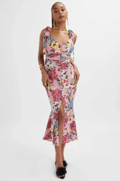 Lavish Alice Dresses<Kamila Tie Strap Micro Button Longline Midi Dress In Pink Floral Satin