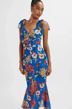 Lavish Alice Dresses<Kamila Tie Strap Micro Button Longline Midi Dress In Blue Floral Satin
