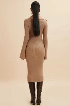 Lavish Alice Dresses<Kaya Knitted Ribbed Collar Midi Dress In Camel